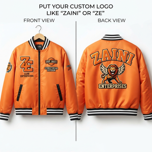 เสื้อแจ็คเก็ตบอมเบอร์ผ้าซาตินกันลมสำหรับผู้ชาย 130 GSM พรีเมียม โพลีเอสเตอร์ ไนลอนบุซับใน ปักโลโก้ตามสั่ง คอปกและปลายแขนเสื้อแบบริบ สีทองดำ - Product Image 1