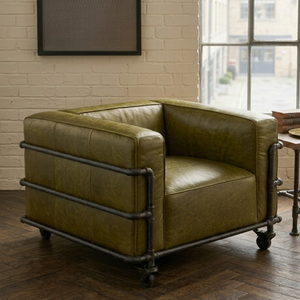 Sillón Moderno de Madera Maciza con Tapicería de Cuero, Cómodo Sillón Marrón para Sala de Estar o Apartamento - Product Image 1