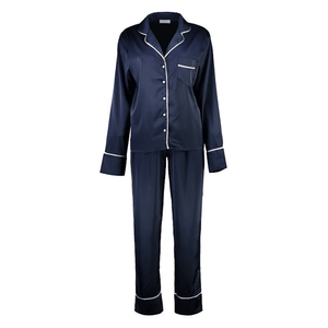 Ensemble de pyjama décontracté d'été en satin bleu marine pour femme, manches courtes, coupe classique, 2 pièces, col rabattu, short avec bordure blanche, vêtements de nuit - Product Image 1