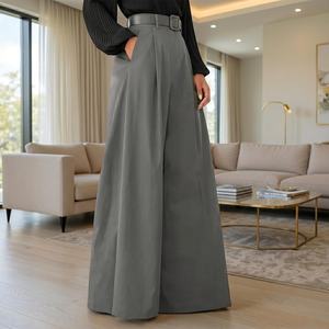 Pantalon large plissé noir en satin taille haute pour femme, coupe ample élégante avec ceinture, style automne - Product Image 3