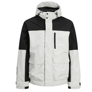 <b>Men's</b> Hooded Color Blocking Waterproof <b>Puffer</b> <b>Jacket</b> Regular Fit Black <b>White</b> PU Coated Outdoor Sporty Style Zipper Closure - Product Image 1