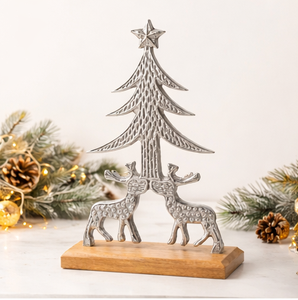 Handcrafted Silver Aluminum Christmas <b>Tree</b> With Reindeer Sculpture On Sustainable Mango Wood Base Modern Premium <b>Tabletop</b> Decor - Product Image 6
