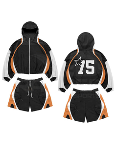 Ensemble de survêtement sportif à capuche, manches longues et short, color block, séchage rapide, 100% polyester/nylon, vêtements d'été, unisexe - Product Image 5