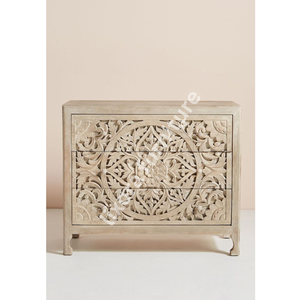 Luxury Handcrafted Solid Wood 3 <b>Drawer</b> Dresser Ornate Floral Mandala Carving Antique Natural Finish - Product Image 2