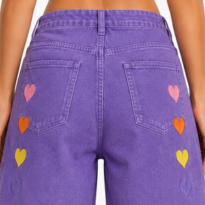 Shorts en jean pour femme, taille haute, coupe ample, ourlet retroussé, en coton, brodés de cœurs arc-en-ciel violets, style décontracté, mode estivale - Product Image 6