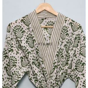 Kimono de algodón hecho a mano con estampado floral, ropa de dormir de verano, estampado en bloques, largo hasta el suelo, bata de dama de honor, pareo de playa, kimono informal. - Product Image 4