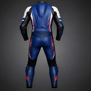 Combinaison de moto pour homme en PU bleu, blanc et rouge, coupe ajustée, imperméable, fermeture éclair, doublure en laine, streetwear, veste de motard - Product Image 2
