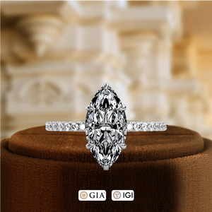 Bague de Mariage Solitaire en Diamant de Laboratoire Taille Marquise 1 carat, Or 14K, Pavé Complet Classique, Halo Caché - Product Image 5