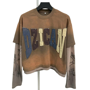 T-shirt vintage brodé avec impression graphique pour homme, fabricant de t-shirts, 300 GSM, thermique, double couche, manches longues, effet délavé à l'acide - Product Image 3