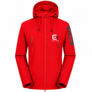 Custom Premium Softshell Safari <b>Jacket</b> <b>Waterproof</b> Windproof Hooded Outdoor Sportswear Reflective Logo <b>Red</b> Accents Heated - Product Image 1