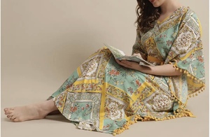 Wholesale Women's Bohemia Maxi Abaya V Neck Floral Print Rayon <b>Kaftan</b> Loose Fit Summer Dress With Pom Pom Trim Middle East Style - Product Image 4
