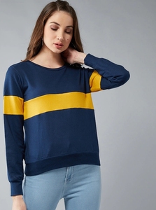 Sweat-shirt à col rond pour femme, bleu marine et jaune, à blocs de couleur, manches longues, tricoté, décontracté, respirant, pour l'automne - Product Image 1