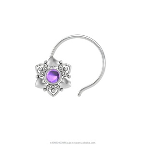 Piercing de nez en argent sterling 925 avec améthyste ronde, style indien, pour femmes et jeunes filles (pour nez percé) - Product Image 1