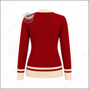 DST custom design <b>Women</b> Red V-Neck Knitted <b>Cardigan</b> 1913 Embroidery Preppy Style Full Sleeve Winter Sweater - Product Image 2