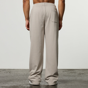 Men's Beige Cotton Sweatpants Elastic Waist Pockets Casual Loose Fit Joggers Autumn Wear - Product Image 2