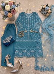 Ensemble Kurta en coton brodé TEAL avec pantalon Palazzo, coupe ample traditionnelle, longueur cheville, tenue ethnique style Inde Pakistan - Product Image 6