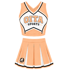Ensemble uniforme de cheerleading pêche, orange et blanc : Crop top sans manches à col en V et jupe plissée pour performance et entraînement d'équipe athlétique - Product Image 1