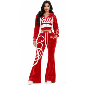 Women <b>Red</b> Velvet Tracksuit Set Hooded Full Sleeve <b>Flared</b> Pants Heat Transfer Print Valley Logo Casual Autumn Outfit - Product Image 5