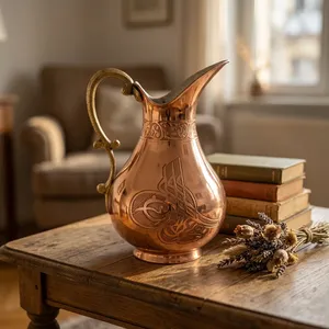 Carafe à eau en cuivre de style ottoman gravée à la main avec poignée en laiton, calligraphie traditionnelle, vaisselle en cuivre - Product Image 4