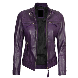 REBA SPORTS IMPEX <b>Purple</b> Genuine Leather Bomber Jacket Full Sleeve Zipper Closure Breathable Custom Logo Women Autumn Wear - Product Image 4