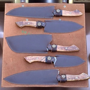 A&M Enterprises Handmade Damascus Steel Chef <b>Knife</b> <b>Set</b> Blades Five-Piece Wood Handle Ambidextrous Leather Sheath Survival <b>Knives</b> - Product Image 5