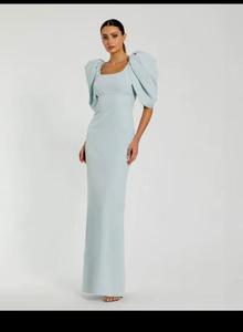Vestido Maxi Elegante y Sencillo sin Mangas con Cuello Alto, Fruncido, Largo, Azul Suave, Corte A, Ajustado, con Sujetador Incorporado, de Crepé - Product Image 5