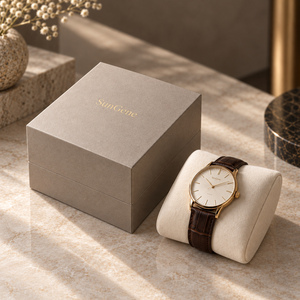 Caja de Regalo para Reloj SunGene Greige Lift Off Lid con Cojín y Lámina Dorada - Product Image 2