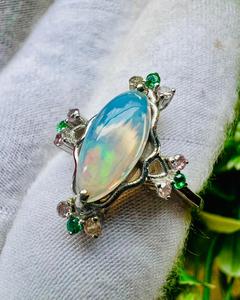 TASBIYA GEMS Vintage <b>Opal</b> Gemstone <b>Ring</b> 925 <b>Silver</b> Rhodium Plated Minimalist Prong Setting Flower Shape Women's Engagement - Product Image 6