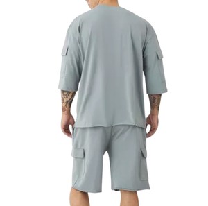 Ensemble short et t-shirt respirant à manches courtes, nouveau design pour homme, logo personnalisable, 100% coton, style streetwear été. - Product Image 2