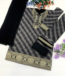 Salwar Kameez noir brodé pour femmes avec dupatta, tenue traditionnelle indienne et pakistanaise, coupe ample, longueur au sol - Product Image 2