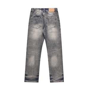 Jean en denim bleu délavé et déchiré style urbain, coupe droite, pour homme – Marque tendance, streetwear décontracté - Product Image 2
