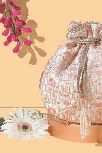 Handmade Embroidered Synthetic Brocade Silk Foundation Potli <b>Bag</b> Pearl Beaded <b>Wrist</b> Handbag Floral Needlework Pouch Wedding - Product Image 5