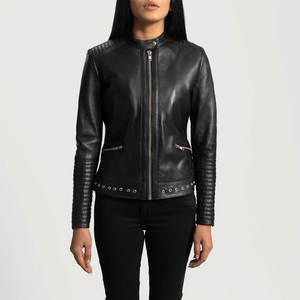 Chaqueta de cuero sintético negra para mujer, estilo motero, corte ajustado, cierre de cremallera, cuello clásico, duradera, estilo urbano - Product Image 1