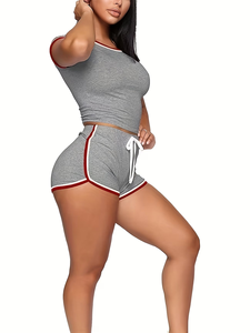 Women Gray Solid Color Short Sleeve Shorts Lounge Set Round Neck Drawstring Knitted Breathable Summer Casual Sleepwear 2 Pieces - Product Image 3