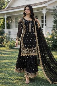 Conjunto de Kurti y Palazzo Negro Bordado, Salwar Kameez de Georgette Sintética con Dupatta para Bodas y Fiestas, para Mujer - Product Image 3