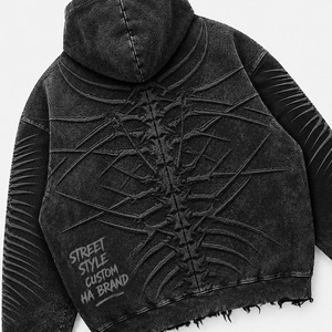 Sweat à capuche en molleton surdimensionné, personnalisé, délavé à l'acide, avec motif squelette brodé et gaufré, ourlet brut, style streetwear - Product Image 6