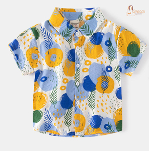 Chemise en coton imprimée à manches courtes pour garçons, col rabattu décontracté, motif peint à la main, bleu, jaune, vert, haut d'été - Product Image 1