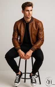 Blouson aviateur en cuir d'agneau marron pour homme, imperméable, col rabattable, fermeture éclair, manches régulières, vêtement d'hiver, doublure en polaire - Product Image 3