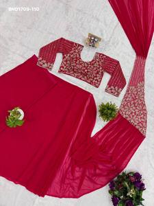 Top Quality Faux Georgette with Embroidery Zari & Semi-<b>Beads</b> work Ready to wear Saree-Readymade Matching Blouse Indian Exporter - Product Image 2