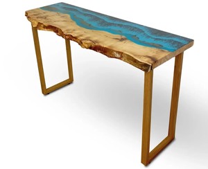 Table console en résine époxy Blue River, bois naturel à bords bruts, table d'entrée, meuble de couloir moderne fait main, table d'appoint en bois naturel - Product Image 4