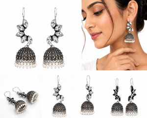 Wholesale Brass Oxidized <b>Silver</b> Vintage Handmade CZ Leaf <b>Dangle</b> Pearl Drop Jhumka <b>Earrings</b> for Women Ethnic Boho Indian Wedding - Product Image 5