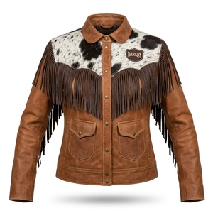 Womens Western <b>Fringe</b> Leather <b>Jacket</b> Real Cowhide Hair On Hide Vintage Brown Distressed Country Cowgirl Outerwear Coat - Product Image 1