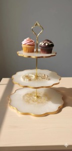 White And Gold Resin Flower Shape Three <b>Tier</b> <b>Cake</b> <b>Stand</b> Perfect For Birthday Parties Gifting And Dessert Display From India - Product Image 2