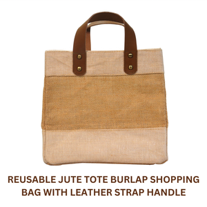 Reusable <b>Small</b> Jute Tote <b>Shopping</b> Bag with Leather Strap Handles Water Resistant Inner Lining Juco Jute Cotton <b>Shopping</b> Bag - Product Image 4