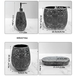 Juego de Baño de Metal Negro con Diseño Grabado en Plata, Ideal para el Baño, Decoración del Hogar, Tocador o Baño de Invitados, de la India - Product Image 4