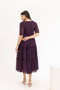 Robe midi en mousseline violette à col en V avec ourlet étagé, manches trois quarts, coupe trapèze, style décontracté à nouer, pour le printemps et le quotidien - Product Image 2