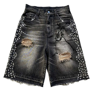 Summer Rhinestone High Waist <b>Tassel</b> Ripped Jean Denim <b>Shorts</b> For Women Men's <b>Shorts</b> - Product Image 2