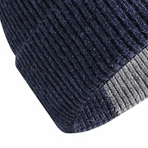 Bonnet côtelé unisexe bleu marine avec revers contrastant gris, bonnet d'hiver décontracté pour adultes 56-58CM, tricoté à la machine en acrylique - Product Image 4