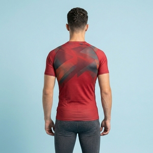 Men's Red Geometric Pattern Compression T-Shirt Short Sleeve Quick Dry Sporty Fit Athletic Performance Top - Product Image 2