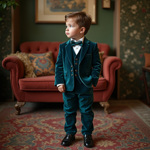 Costume 3 pièces en velours bleu turquoise pour garçons sur mesure |   Costume de mariage pour enfant avec gilet, nœud papillon et blazer formel - Product Image 2